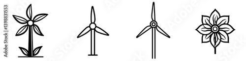 Unique designs featuring wind turbines and flowers in a sustainable energy concept on a white backdrop