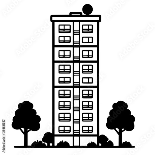 Modern residential building with trees in the foreground set against a simple background during daylight hours