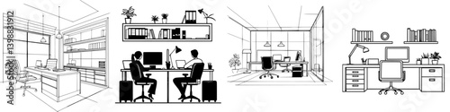 Modern office designs showcasing different layouts and workspaces for productivity and collaboration