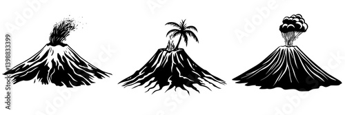 Various illustrations of volcanoes showcasing eruption, eruption aftermath, and dormant states during different times of activity