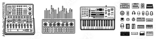 Electronic music equipment and instruments displayed in a layout showcasing various devices for production and performance