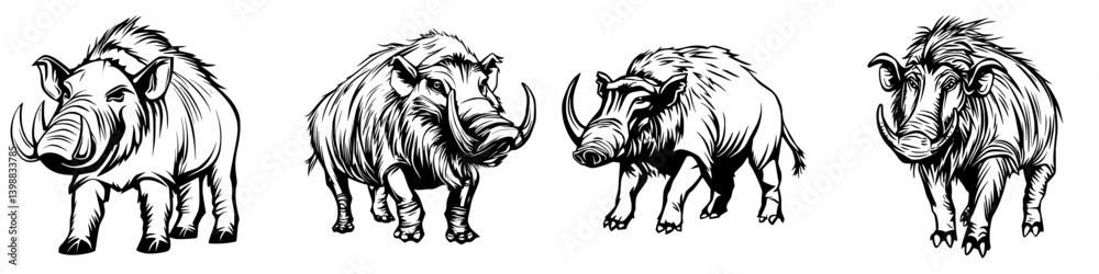 Fototapeta premium Wild boars depicted in detailed illustrations showcasing their unique features and postures in a natural setting