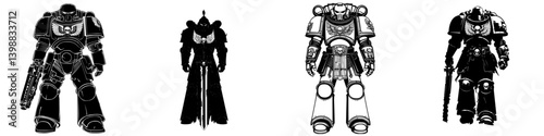 Detailed illustrations of armored warriors standing in various poses showcasing unique design elements and weaponry