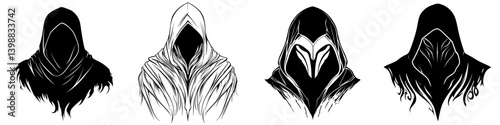 Four mysterious hooded figures showcasing unique designs and styles, blending elements of fantasy and intrigue