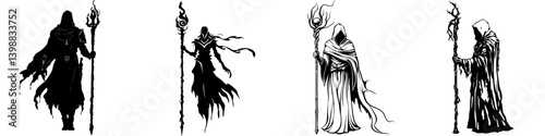 Dark figures with staffs in a mystical setting showcasing magical energies at twilight