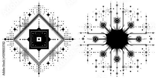 Abstract geometric designs featuring intricate patterns and dots against a white background during daytime
