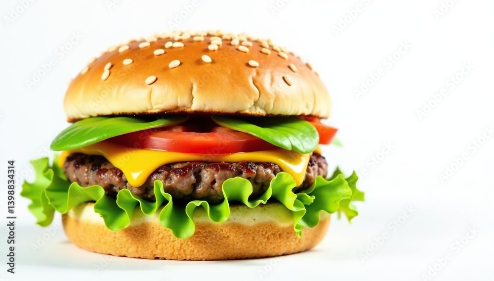 A burger with sesame seed bun on pure white background, dinner, image, background A burger with sesame seed bun on pure white background, dinner, image, background
