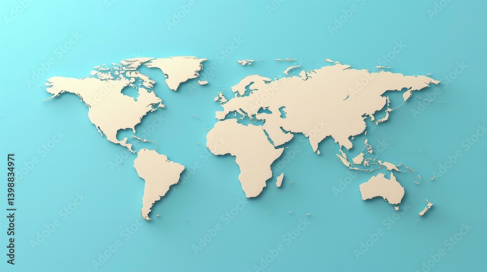 Fototapeta premium Educational flat world map with continents on a blue background for geography lessons