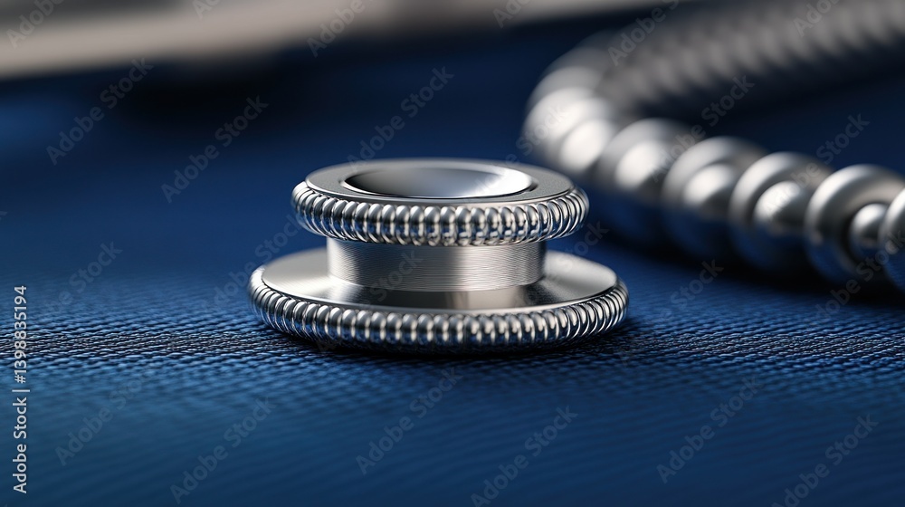 Close-up of a medical stethoscope's head. Metal component, details, medical equipment, healthcare, diagnostic tool Close-up of a medical stethoscope's head. Metal component, details, medical equipment, healthcare, diagnostic tool