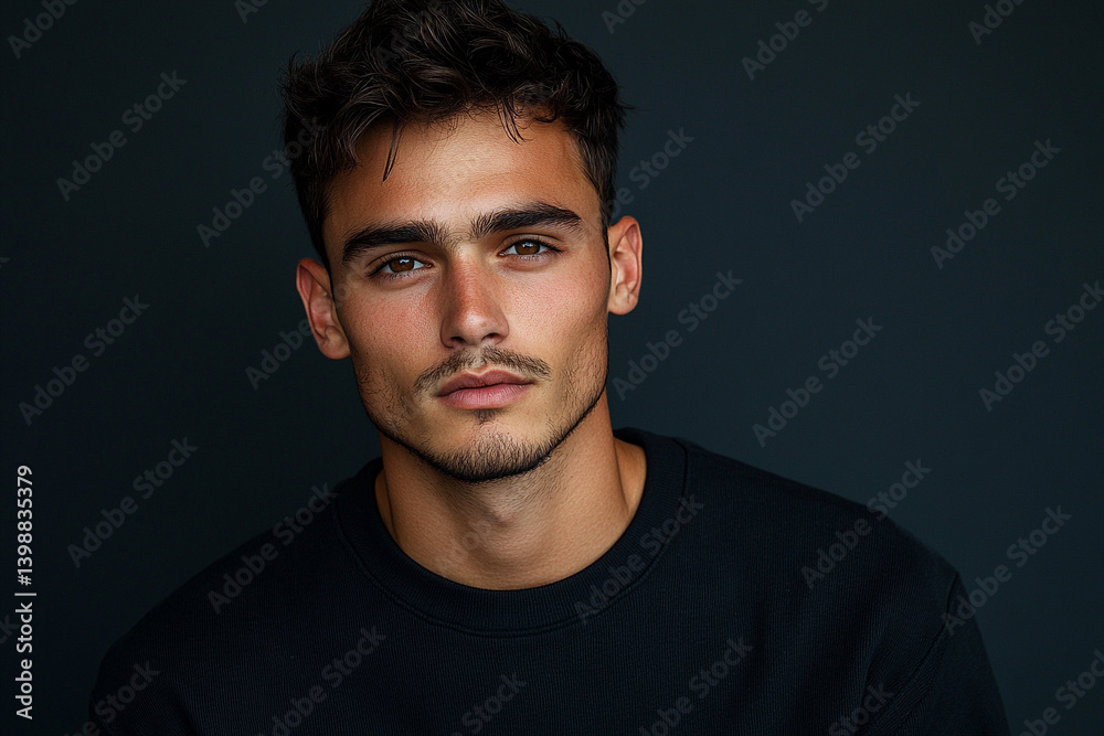 Fototapeta premium Young man with intense gaze posing against dark backdrop