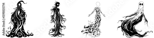 Intricate ghostly figures with swirling patterns and enchanting designs in a monochrome art style