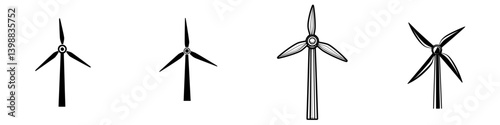 Illustrations of different styles of wind turbines in various designs and orientations