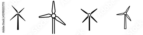 Illustrations of different styles of wind turbines designed for renewable energy applications in various settings