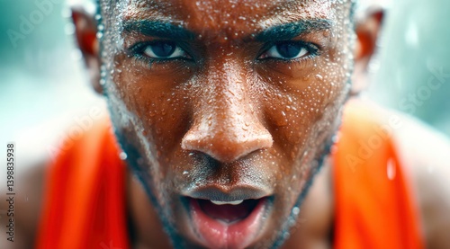 Obraz na płótnie Close-up shot of a determined athlete's sweaty face, showcasing intense focus during a workout. w salonie