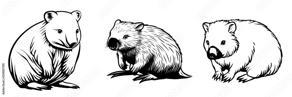 Obraz premium Wombats illustrated in black and white showcasing their distinct features and characteristics