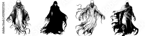 Dark hooded figures with flowing robes and eerie designs in a monochrome setting