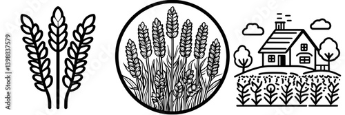 Wheat graphic design showcasing plants, crops, and a farmhouse in a rural setting during sunny weather
