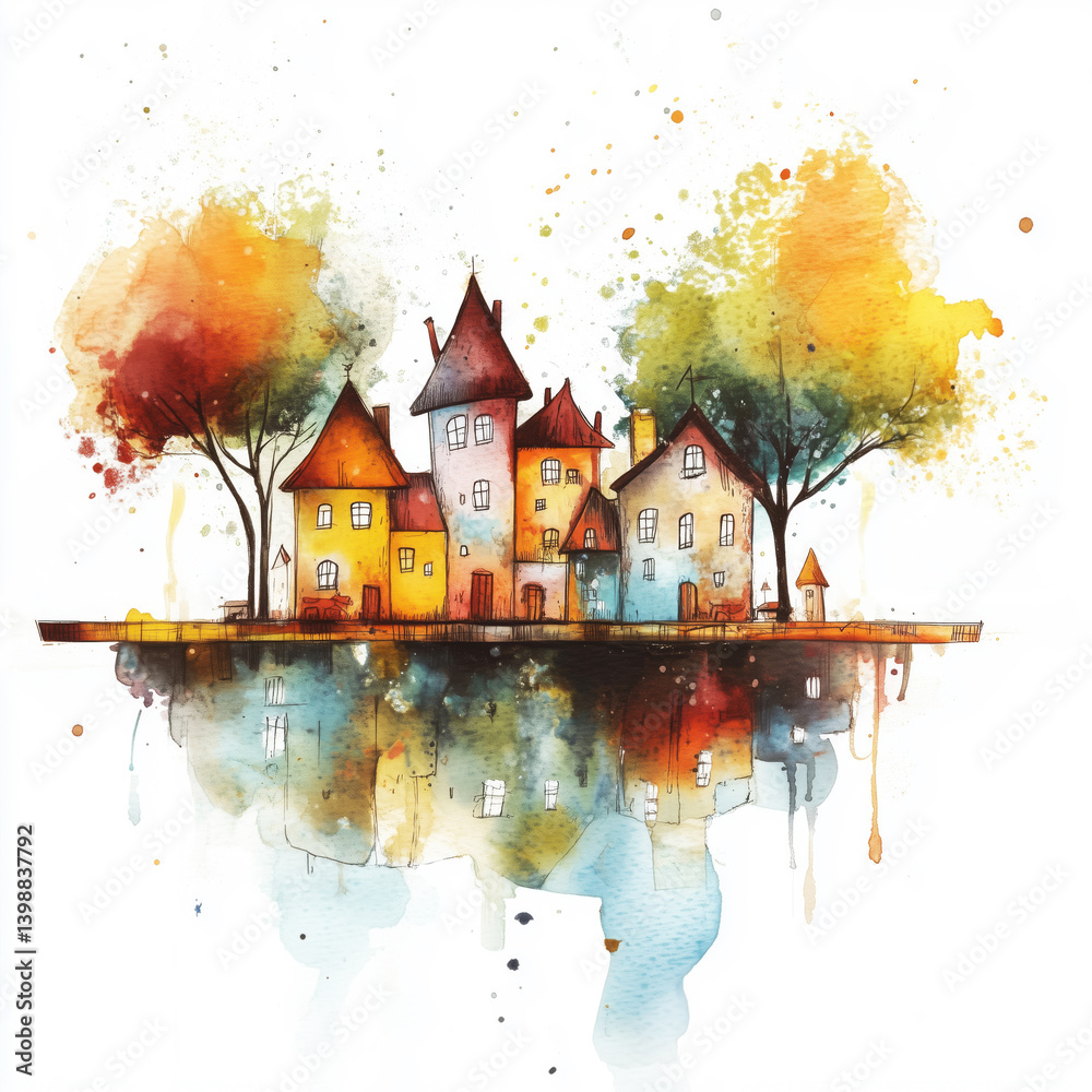 Fototapeta premium Watercolor art of the little tale village and colored houses, postcard style, white background