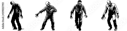 Various zombie illustrations showcasing eerie postures and haunting expressions in black and white