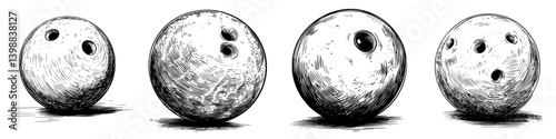Bowling balls displayed in sequence showcasing various hole patterns in a well-lit bowling alley setting