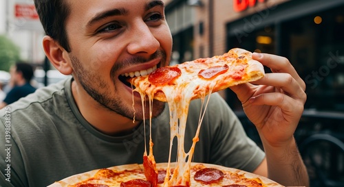 Wallpaper Mural A close-up of a young man enthusiastically biting into a slice of pepperoni pizza while seated at a bustling outdoor pizzeria.  Torontodigital.ca