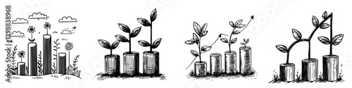 Growth stages of plants represented in a black and white illustration showing sprouting seedlings and flowers in a natural setting