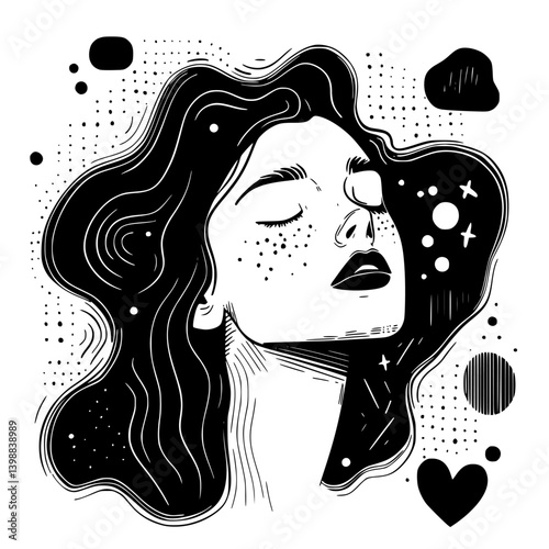 Woman with flowing hair surrounded by abstract shapes and stars in a creative black and white illustration
