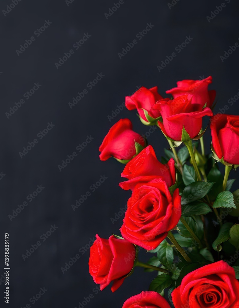 A dark, moody backdrop features a vibrant bouquet of red roses, offering ample negative space, beauty, passion, love