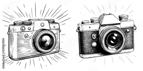 Vintage cameras illustrated with dynamic rays highlighting their features and charm