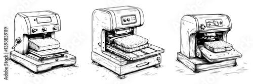 Illustration of various sandwich toasters with bread inside at a kitchen counter setting