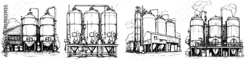 Industrial fermentation tanks and processing units in a factory setting showcasing agricultural production in broad daylight
