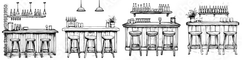 Detailed line drawing of a rustic bar interior with wooden stools and shelves adorned with various bottles