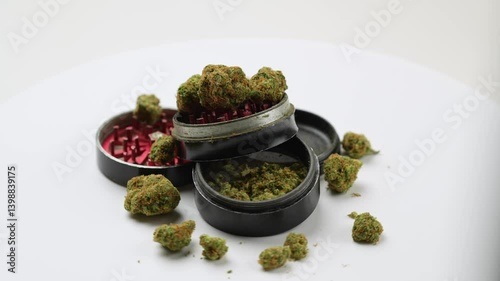 Medical marijuana buds with grinder spinning on white background, 360 degrees rotation. Cannabis is a herbal or alternative medicine