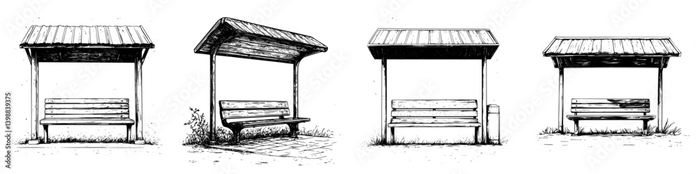 Fototapeta premium Unique designs of bus stops captured in a minimalist black and white illustration