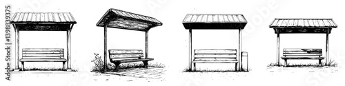 Unique designs of bus stops captured in a minimalist black and white illustration