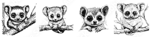 Cute hand-drawn illustrations of koalas in various poses on branches in a playful forest setting