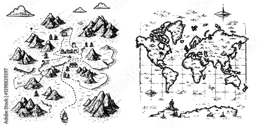 Detailed hand-drawn map illustrating mountains, valleys, and a world map alongside various geographic features