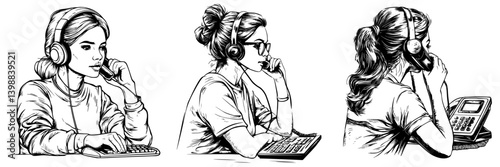 Women engaged in various customer service roles using headsets and phones in a workspace setting