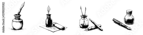 Ink and quills arranged on a desk showcase the artistry and tradition of writing materials in a creative workspace
