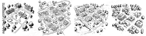 Complex architectural layout depicting a town with diverse buildings and green spaces in a detailed artistic style