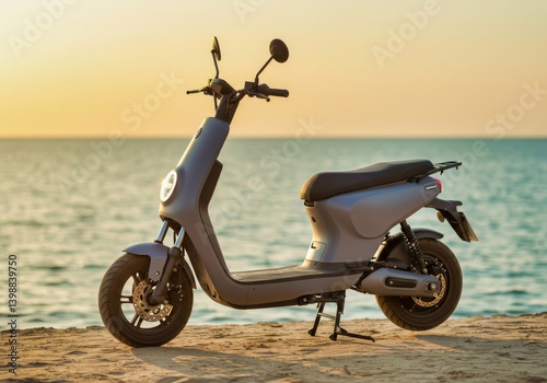 Motocicleta eléctrica en la playa al atardecer
