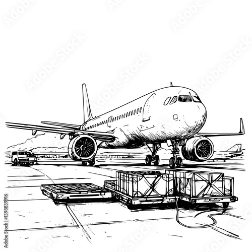 Airplane on tarmac surrounded by cargo pallets at busy airport during daylight hours
