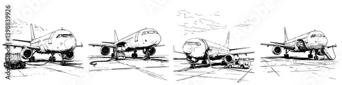 Detailed illustration of aircraft servicing procedures on a busy airport tarmac in broad daylight