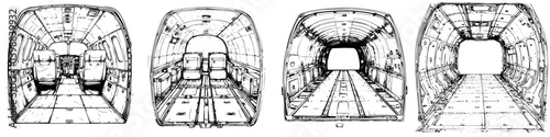 Interior design variations of an aircraft cabin space showcasing empty seating and cargo areas in a modular format