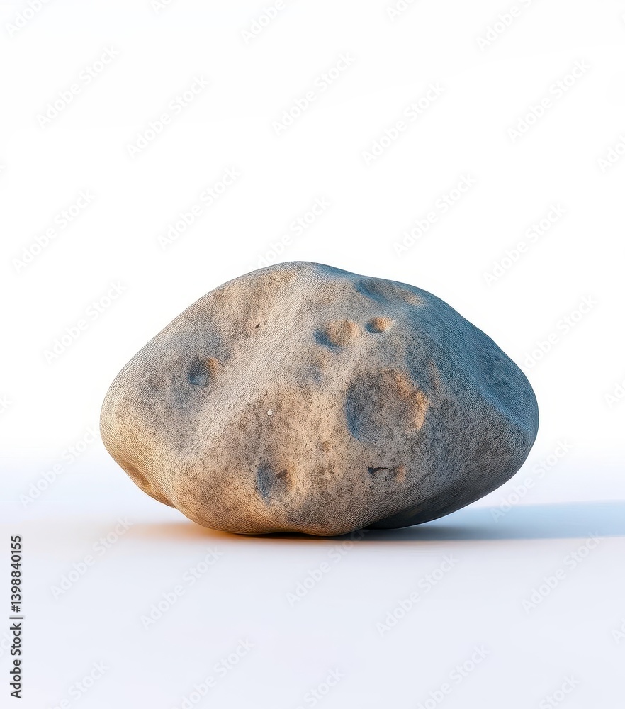 A lone, smooth grey stone sits on a stark white background, pebble, earth, detail