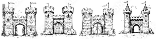 Various medieval castle designs featuring towers, battlements, and arched entrances situated on rocky terrain during daylight