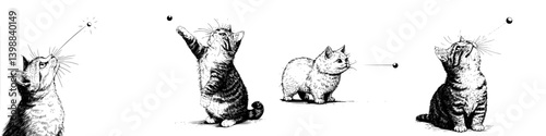 Cats play with a ball in a vintage-style illustration showcasing their curiosity and playful nature across different poses