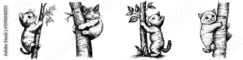 Cats climbing trees in playful poses during a sunny afternoon in a lush green environment