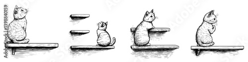 Cats on shelves progressively interacting during a playful moment in a cozy indoor setting