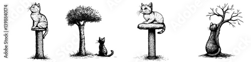 Playful cats explore their scratching posts alongside trees in a whimsical illustration